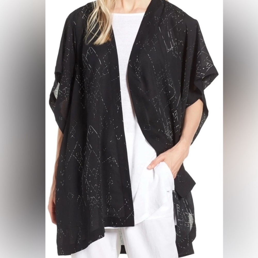 Eileen Fisher Marrakesh Printed Silk Tencel Black Kimono Jacket Size L/XL
